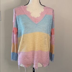 Main Strip Boho distressed Pastel Sweater wide striped pink blue yellow SZ Med